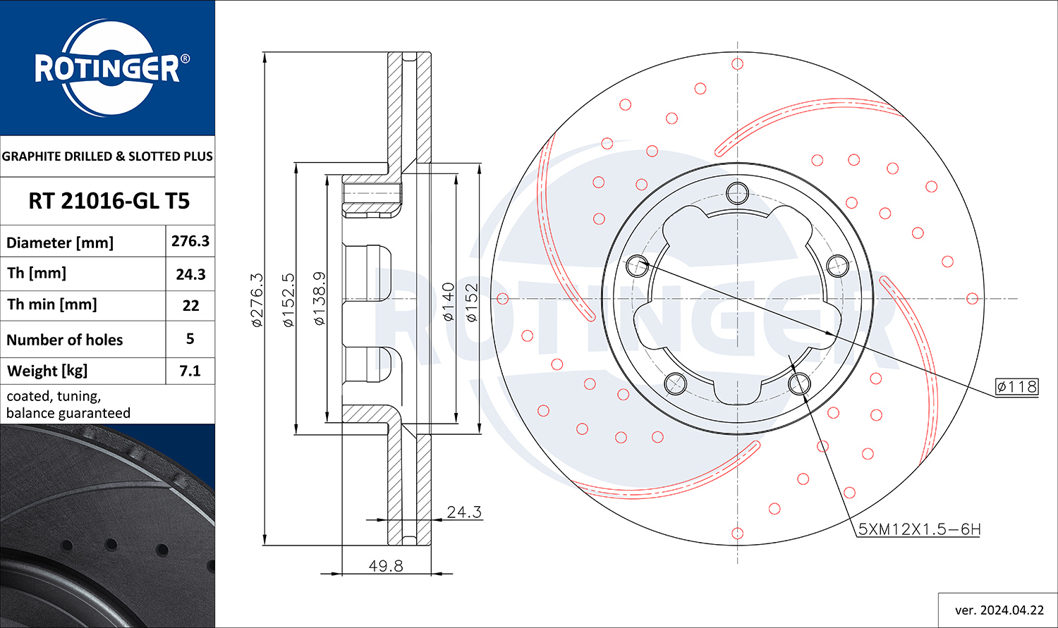 ROTINGER Féktárcsa, mind RT21016-GLT5_ROT